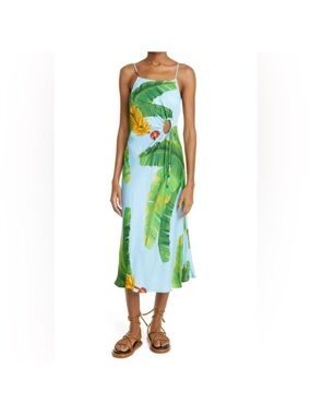 FARM RIO Blue Fresh Bananas Midi Slip Dress